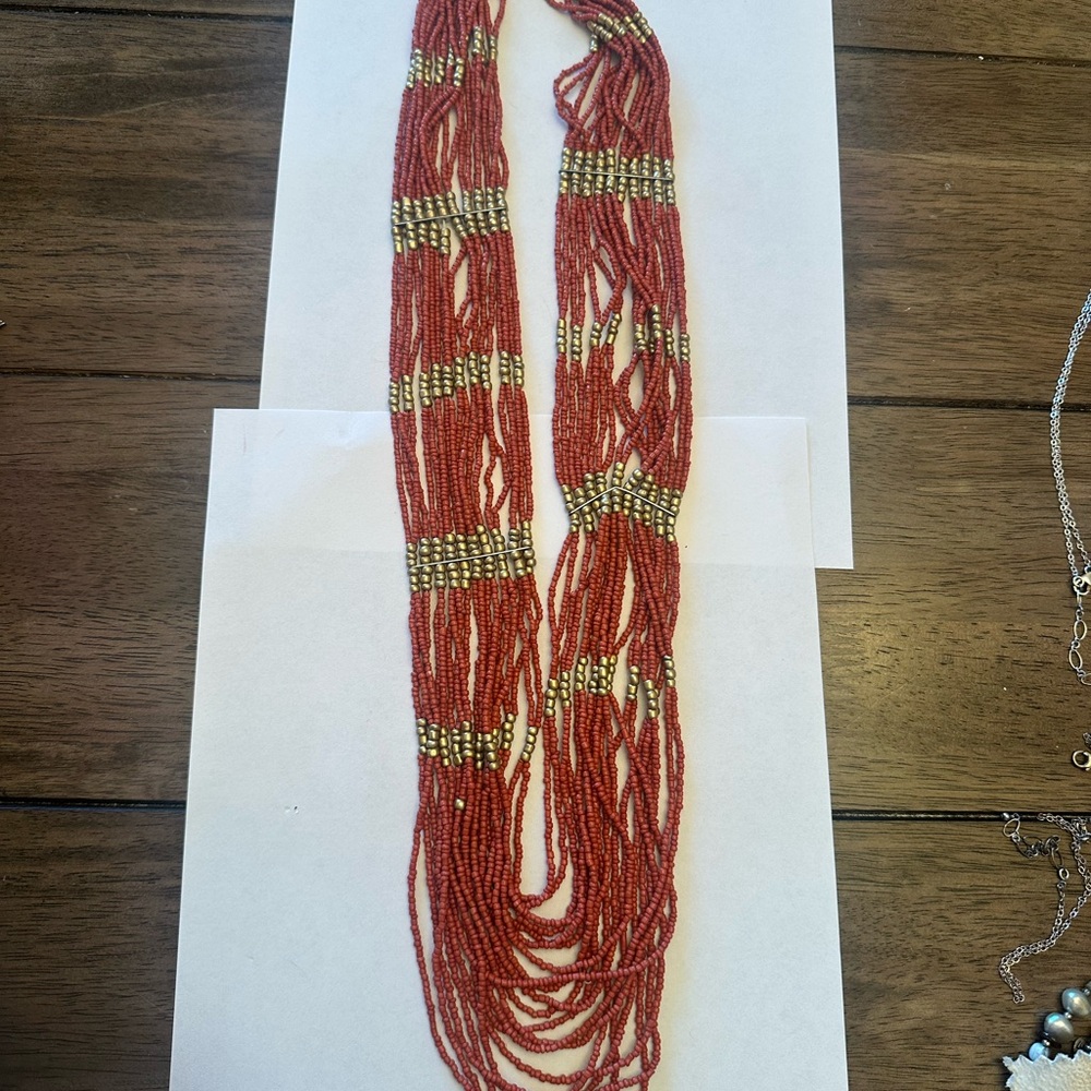 Boho Style Multistrand Red Seed Bead Necklace with Gold Accent